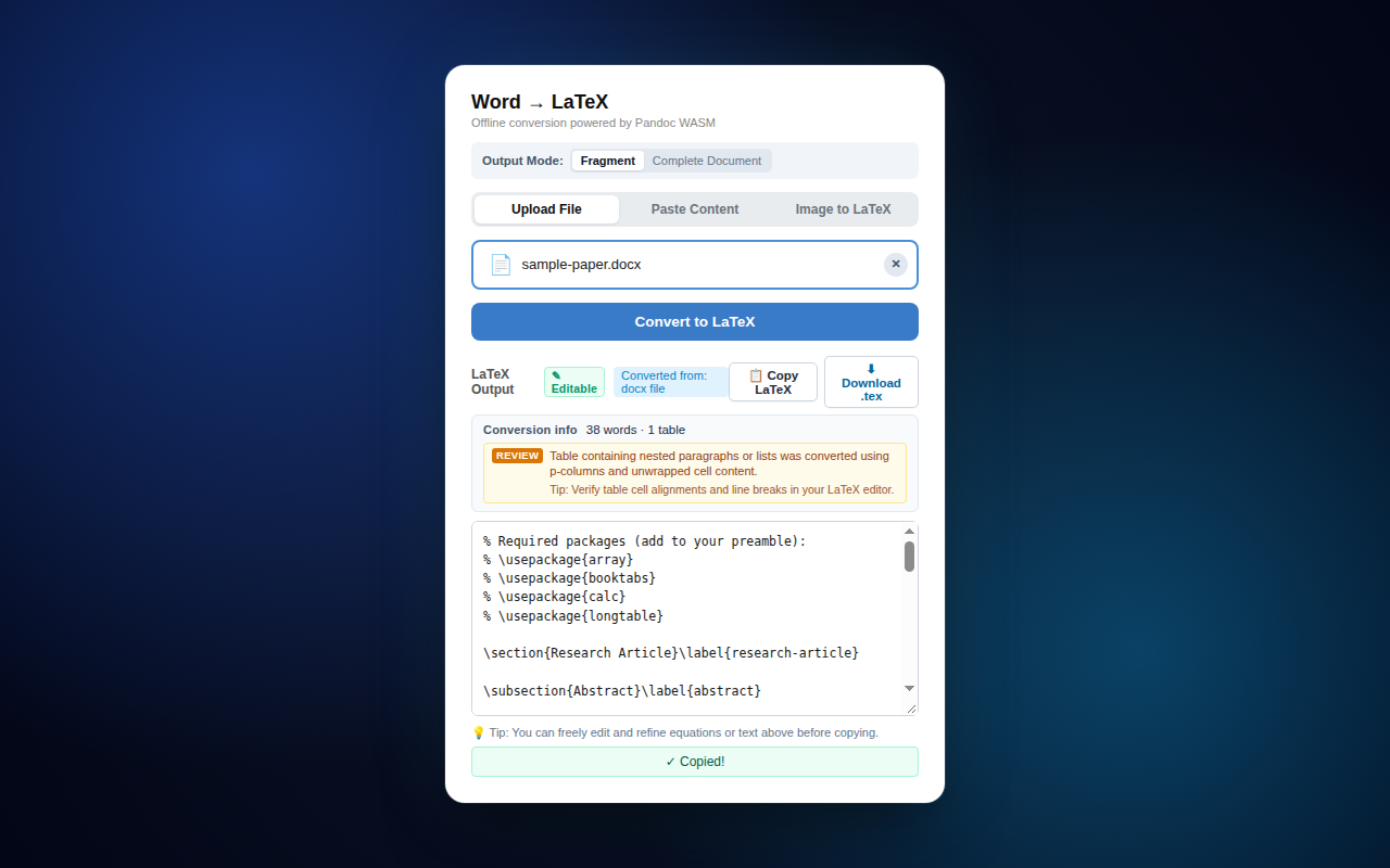 Word to LaTeX conversion output interface with instant clipboard copy toast